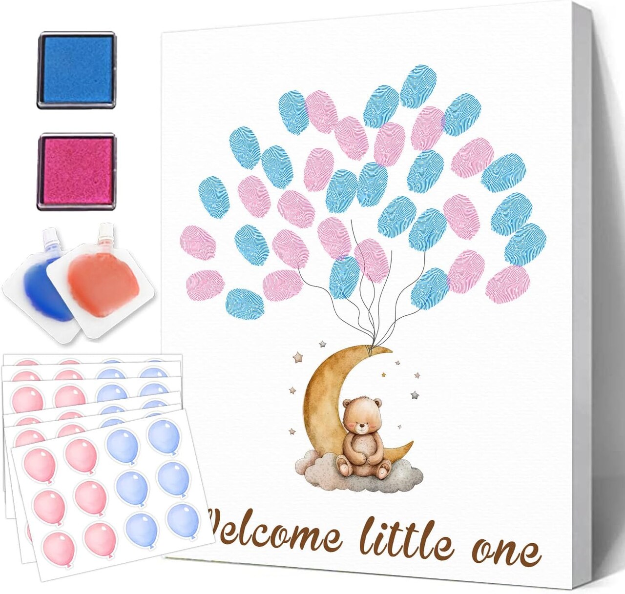 Gender Reveal Party Fingerprint Tree Sign, Bear Moon Theme Canvas Baby Shower, a Baby Shower Guest Book,Woodland Baby Shower Guest Book